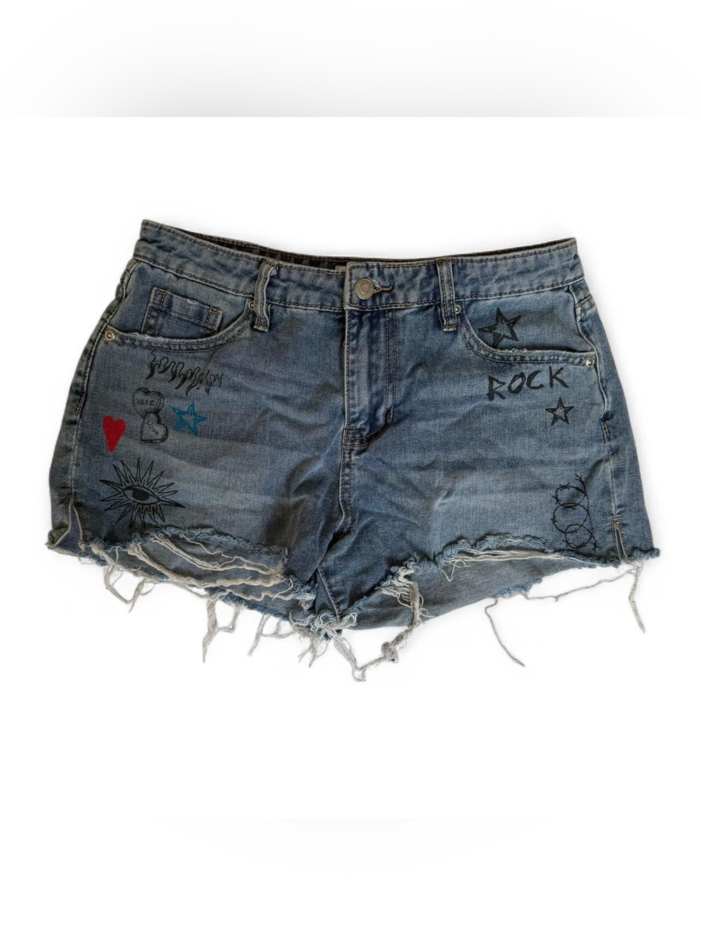 Y2K Playboy Blue Denim Graffiti Graphic Shorts Women’s Size 9 Stars Hearts